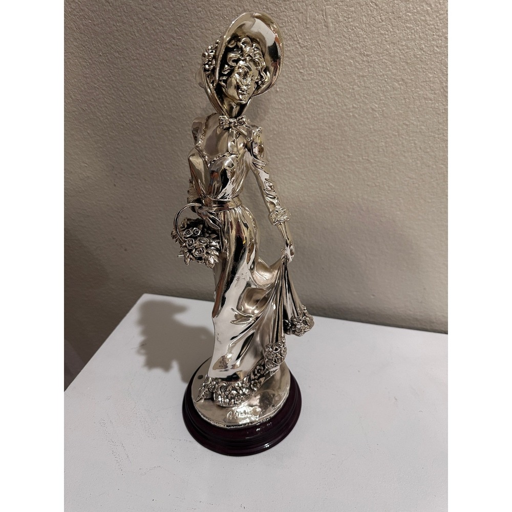 Belcari Italy Silver Overlay Lady with Flower Bouquet Figurine 15"